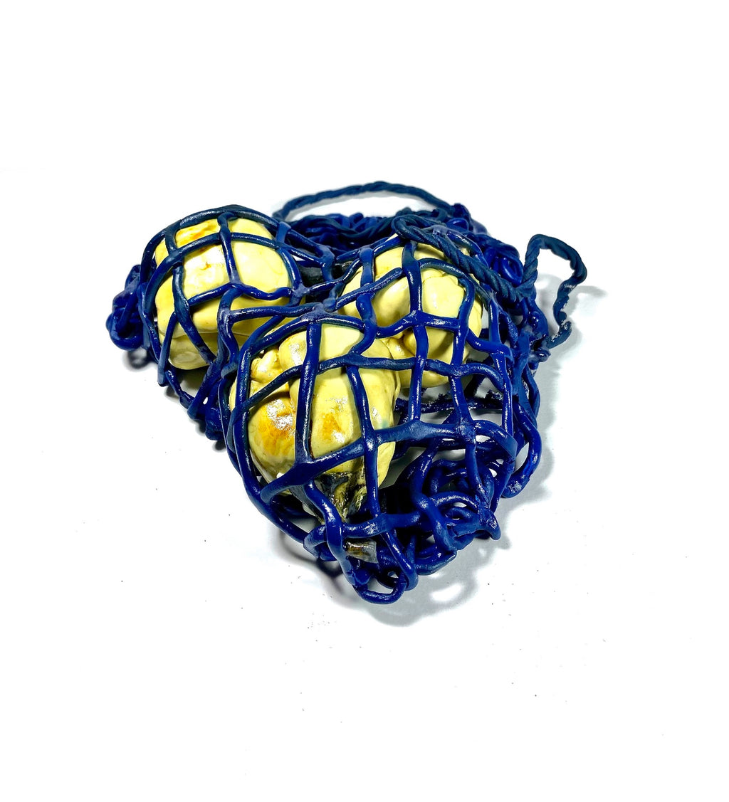 Blue net with yellow peppers